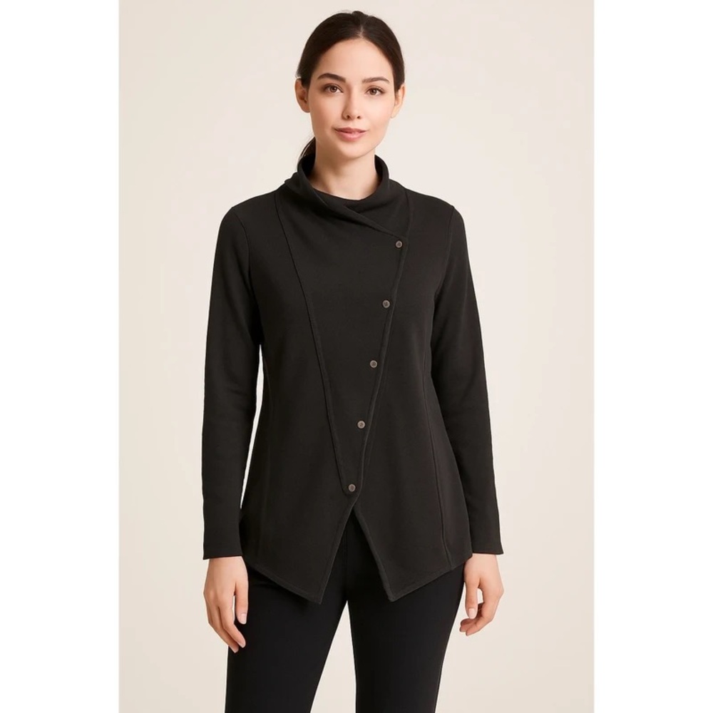 Eileen Fisher Asymmetrical Snap Front Cotton Jacket Black Size Petite Large